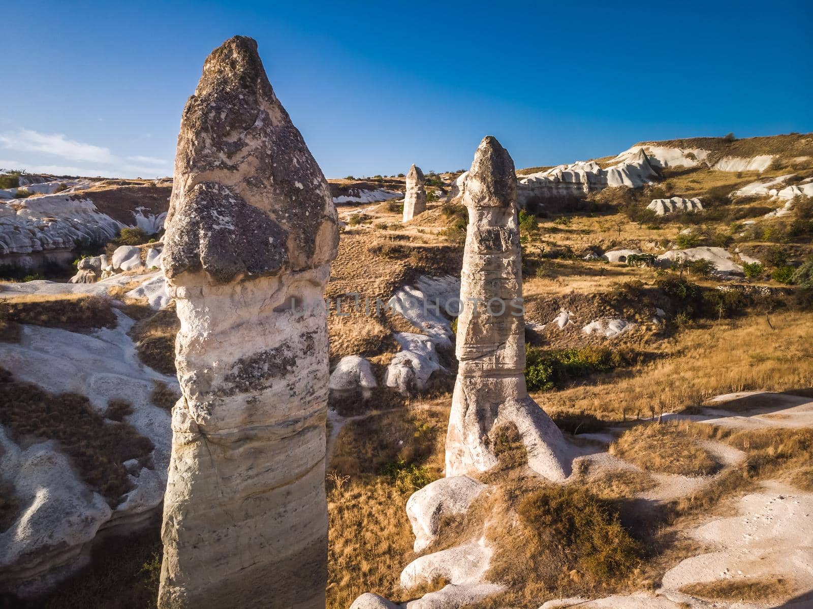 Aerial drone view of the fairy chimney landscape in Love Valley of Cappadocia in Goreme, Turkey.