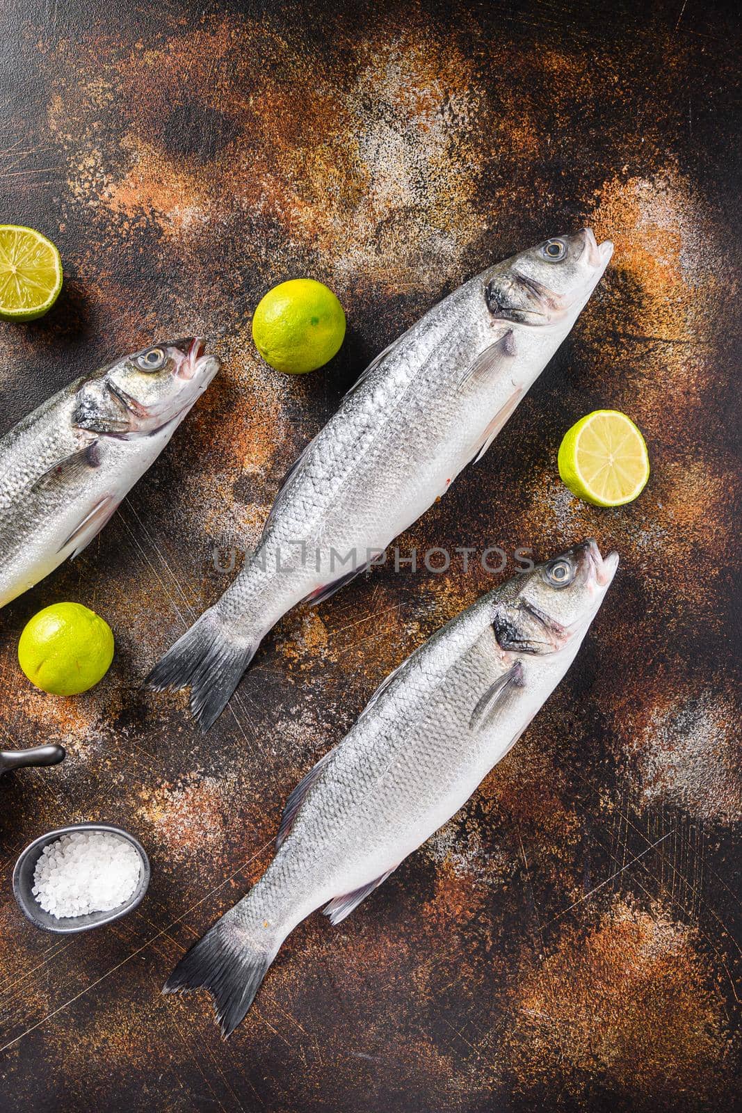 Set of sea bass with spices and herbs ingredients over darc rustic background top view