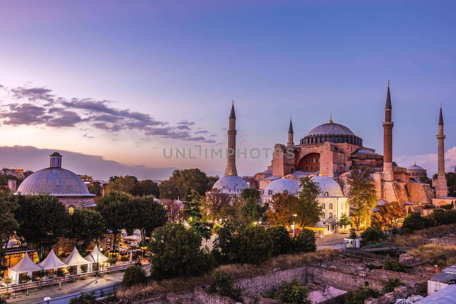 Hagia Sophia in Istanbul. The world famous monument of Byzantine architecture recently converted to a mosque. View of the St. Sophia Cathedral at sunset.
