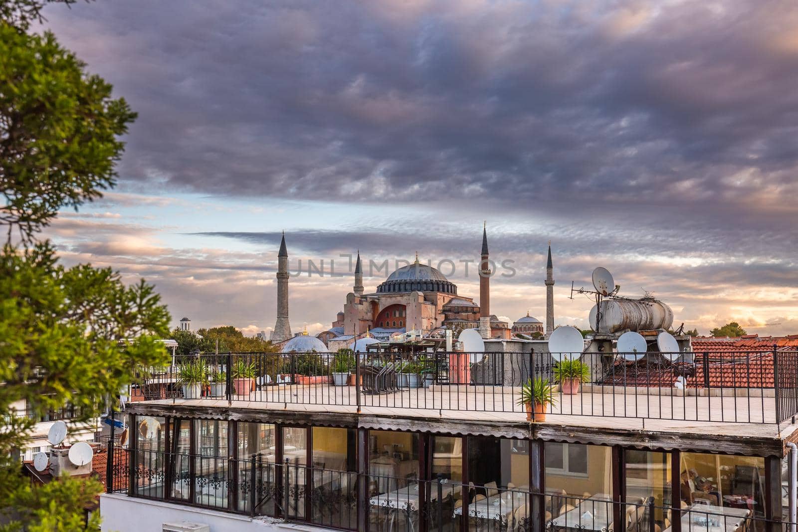 Hagia Sophia in Istanbul. The world famous monument of Byzantine architecture recently converted to a mosque. View of the St. Sophia Cathedral at sunrise.