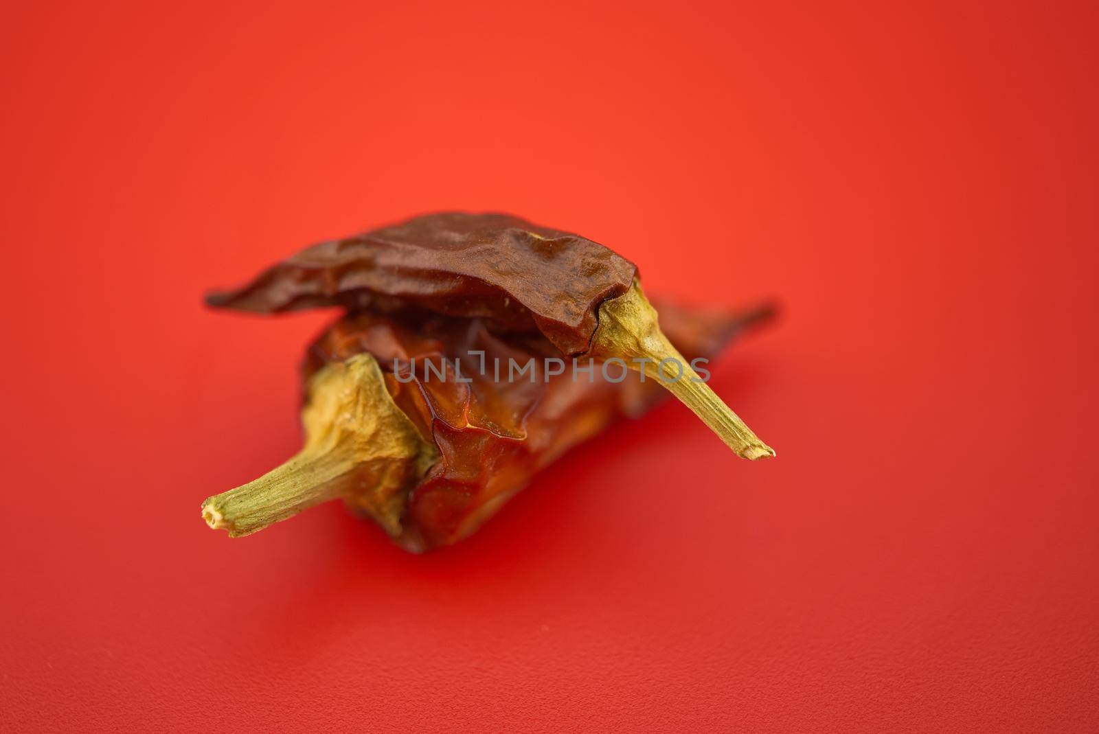 Macro image of dried red chilli pepper on red background