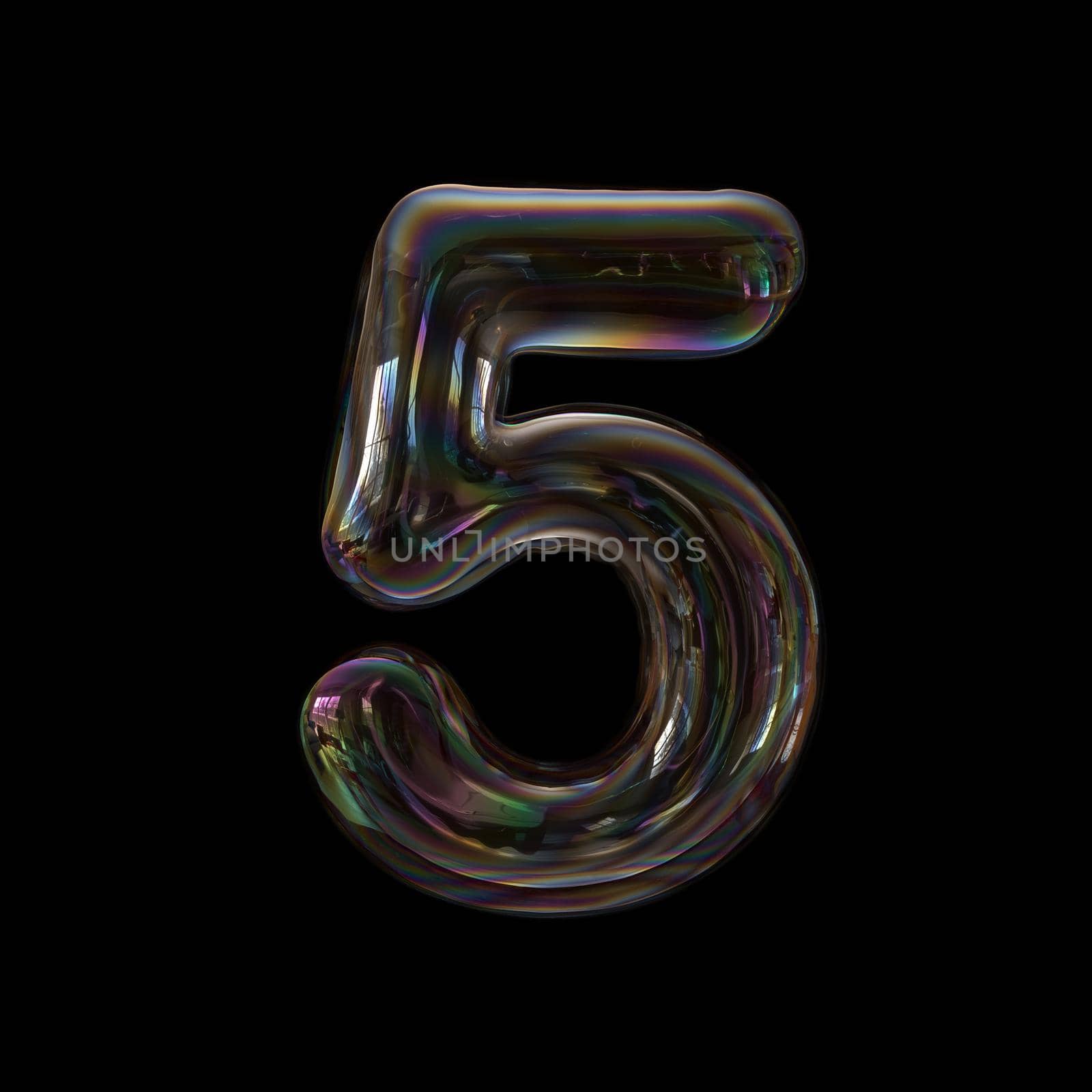 bubble number 5 - 3d digit isolated on a black background.
This 3d font collection is well-suited for various creative projects including but not limited to : Childhood. events. nature...