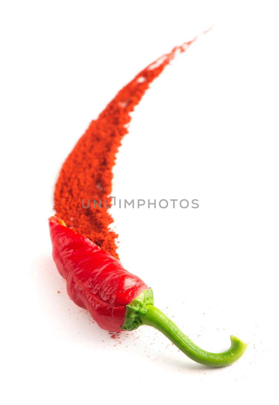 Red hot chilies with powder over white background by aprilphoto