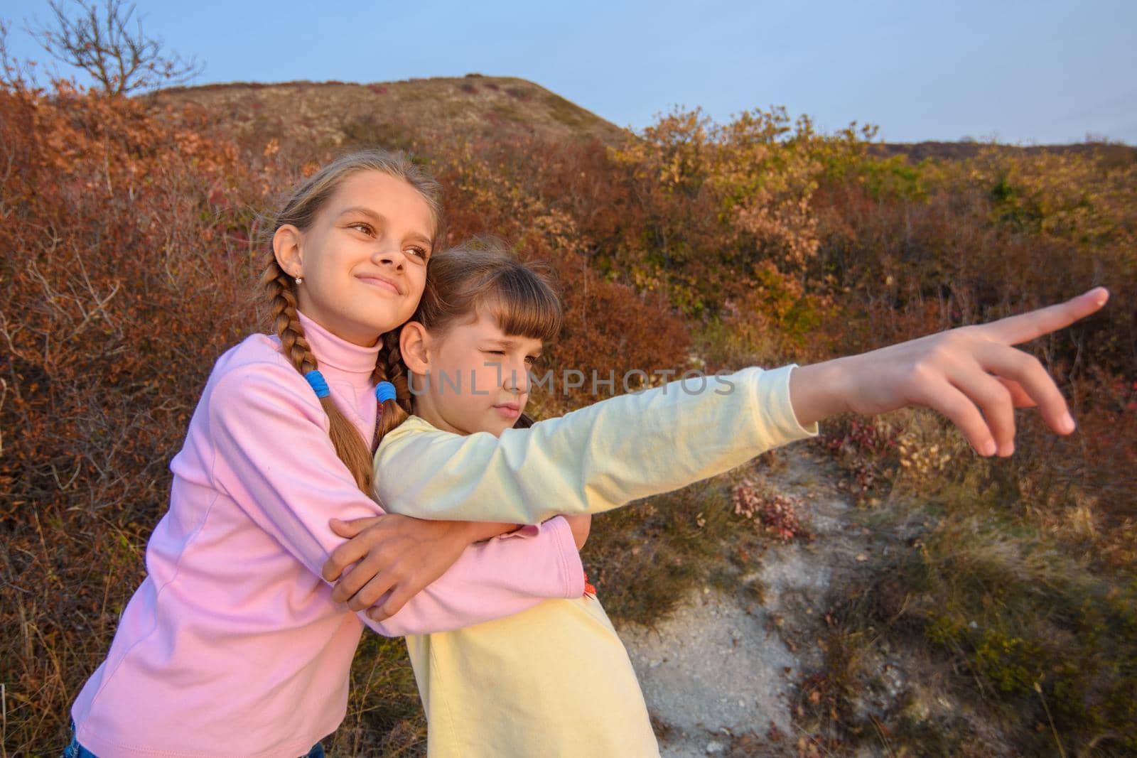 The girl hugs her sister who points her finger into the distance