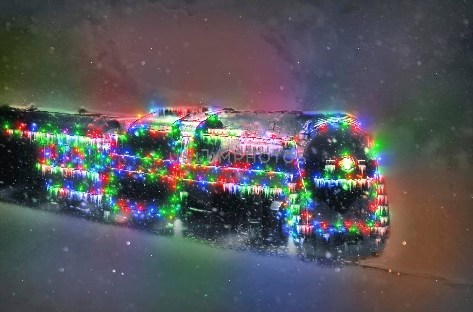 A Restored Steam Engine With Christmas Lights on it in a Snow Storm