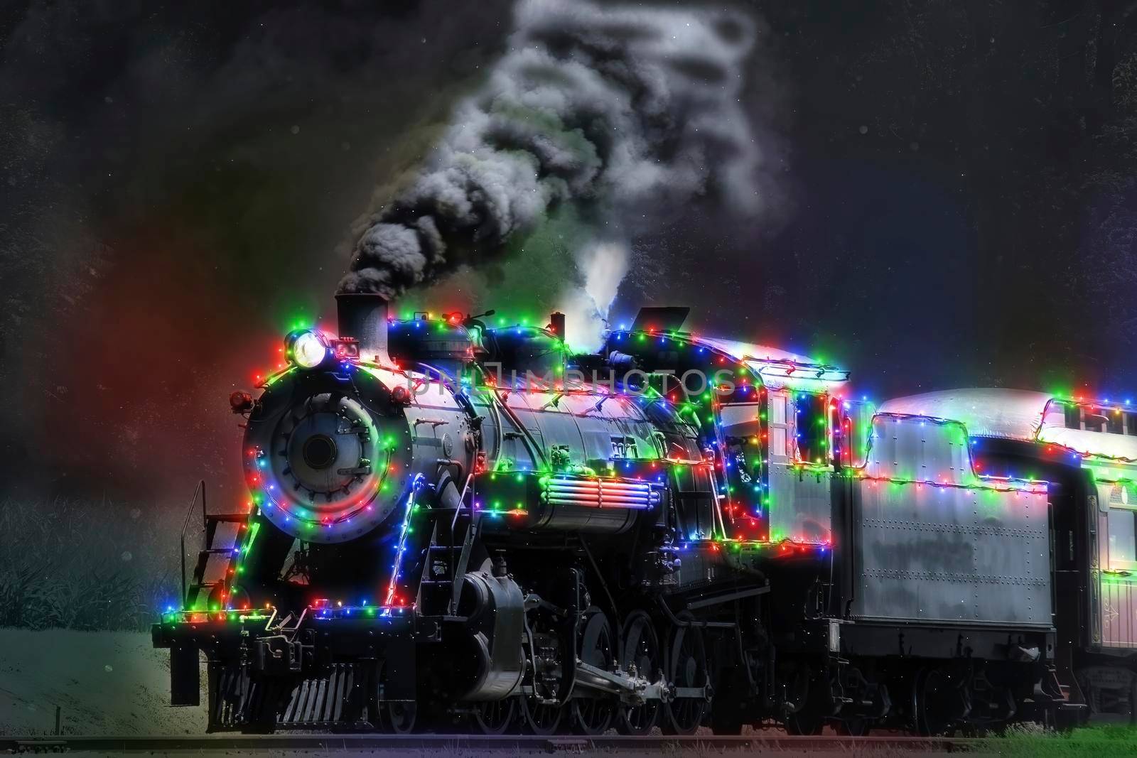 A Restored Steam Engine With Christmas Lights on it in a Snow Storm