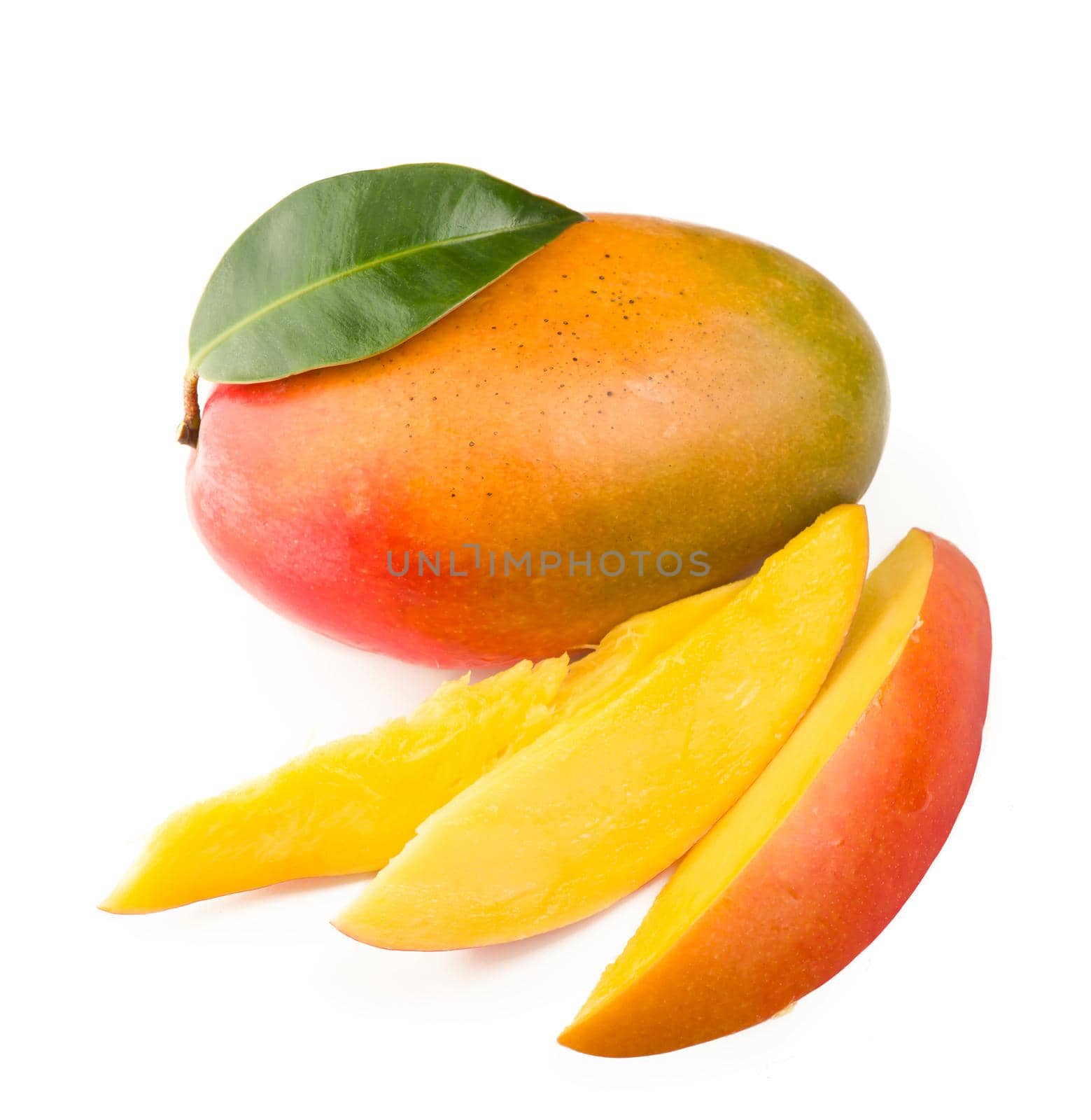 mango slice with green leaves isolated on white background. top view by aprilphoto