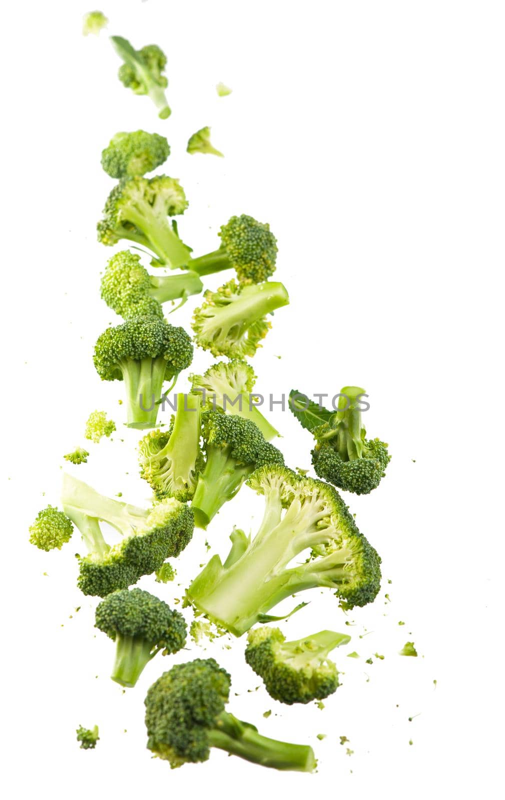 Broccoli pattern isolated on a white background. Various multiple parts of broccoli flower. by aprilphoto