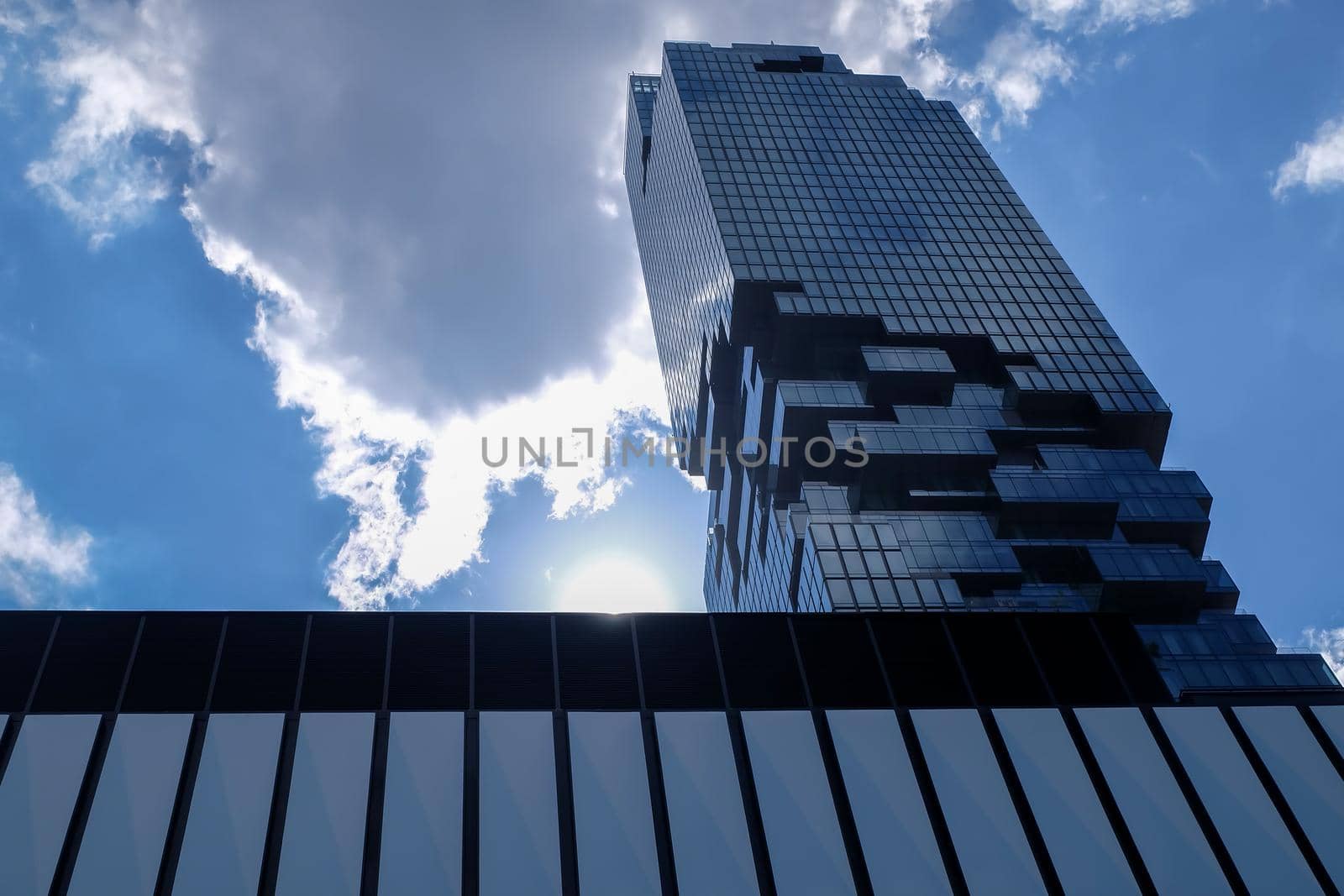 Bangkok, Thailand - July 10, 2019: Looking up at The King Power Mahanakhon skyscraper. The tallest building in Thailand. No focus, specifically.