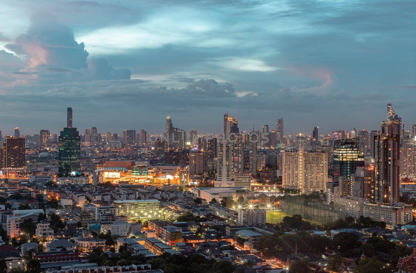 Bangkok, thailand - Oct 01, 2020 : Bangkok downtown cityscape in Business district with bright glowing lights at night give the city a modern style. No focus, specifically.