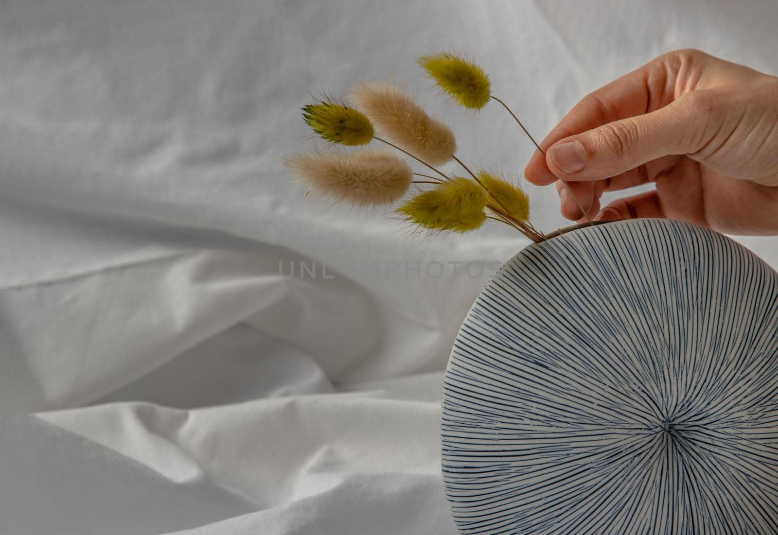 Close-up of Female hand with a gentle holding a bouquet of Dried flowers on Handmade Ceramic Vase and Shells on White background. Home decor, Space for text.