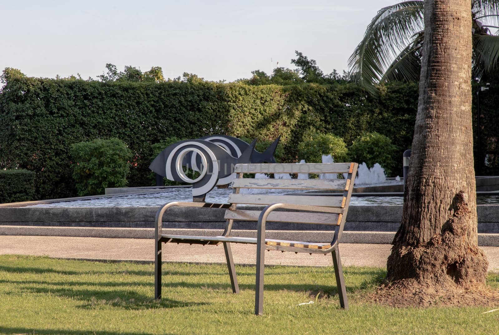 Wooden benches on grass floor in a shady area of the park. Seating and unwind area. Selective focus.