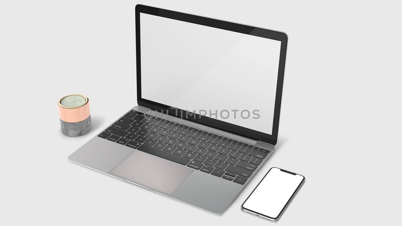 Notebook and Phone Mockup Under the Desktop With Concrete Candle Holder