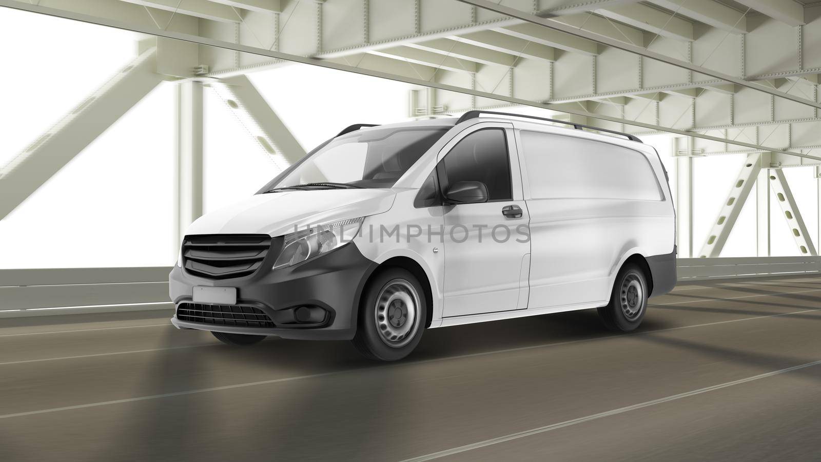 Realistic Panel Van Mockup Driving On The Bridge Perspective View