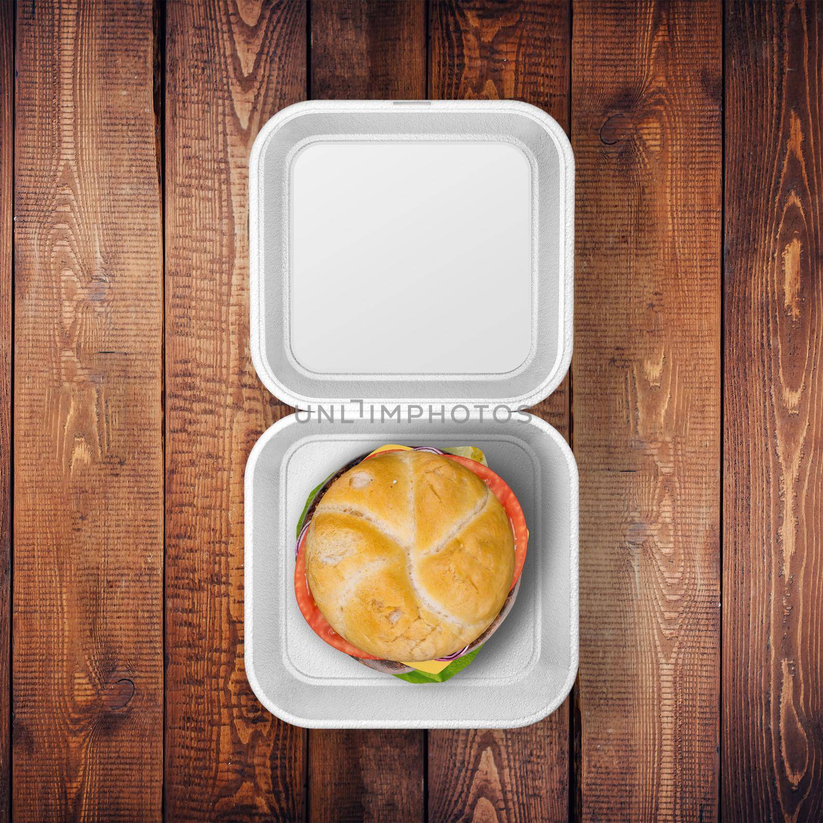 White Food Container Sticker With Burger Mockup On The Wood Table