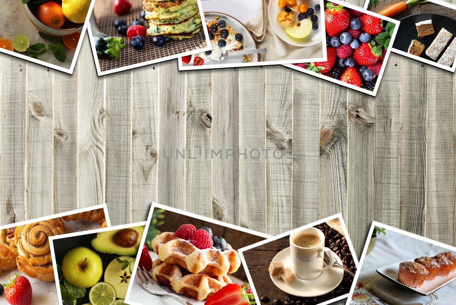 Healthy food photo collage. Collage of different testy dessert, fruits on wooden background. Healthy breakfast concept