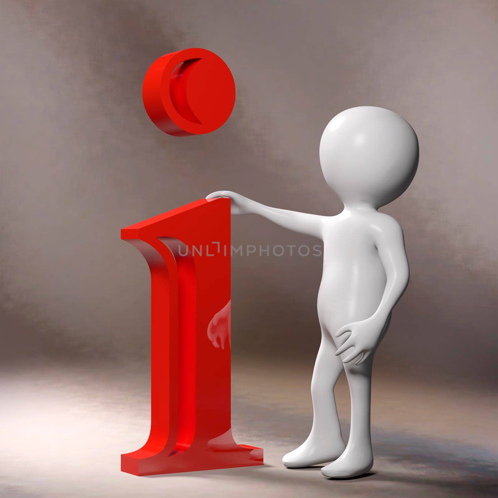 White 3d man standing next to letter i. Illustration for information concept. by ankarb