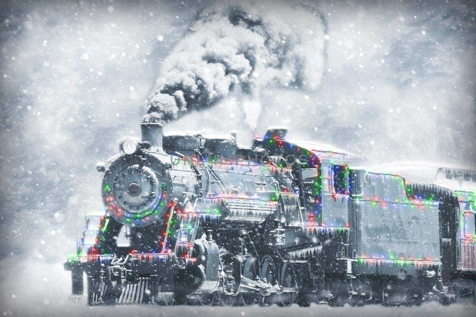 A Restored Steam Engine With Christmas Lights on it in a Snow Storm