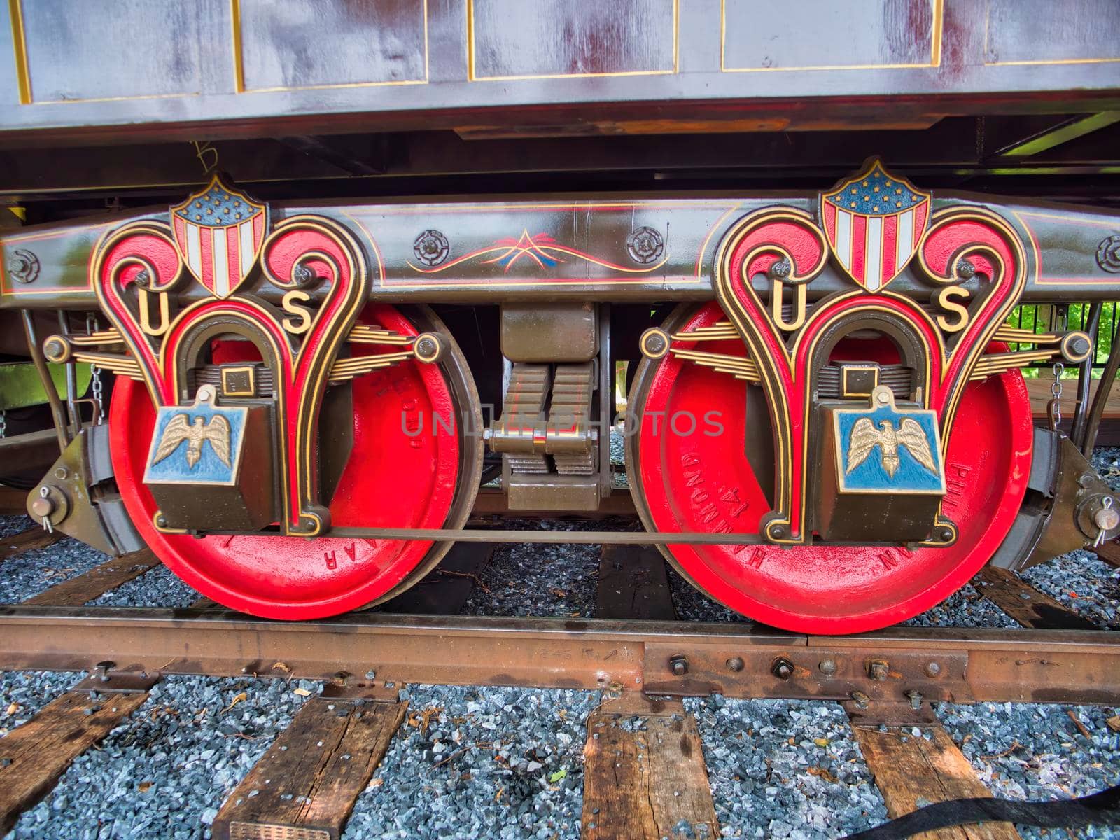 Antique Passenger Train Wheels in Red Blue and Gold