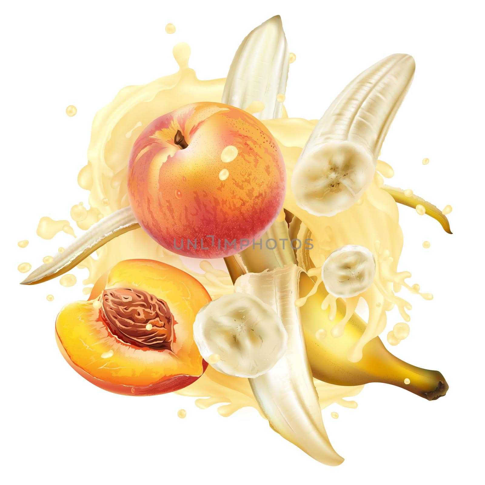 Bananas and peaches in a splash of milkshake or yogurt on a white background. Realistic style illustration.