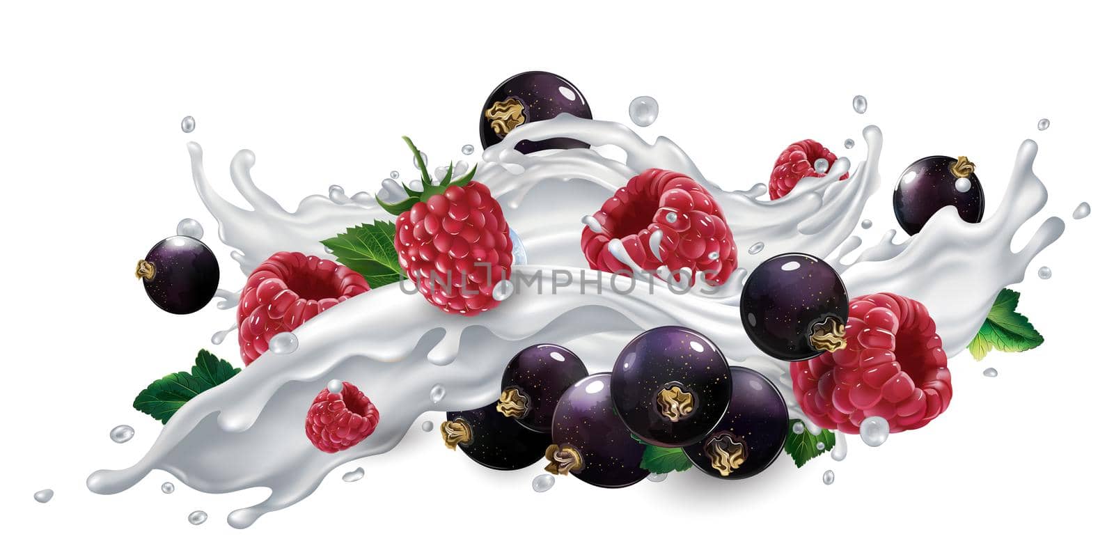 Fresh black currants and raspberries in a splash of milk or yogurt on a white background. Realistic style illustration.