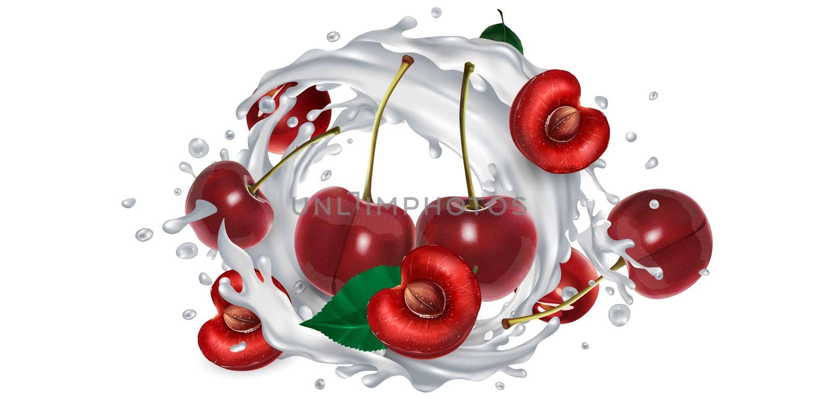 Fresh cherries and a yogurt or milk splash on a white background. Realistic style illustration.