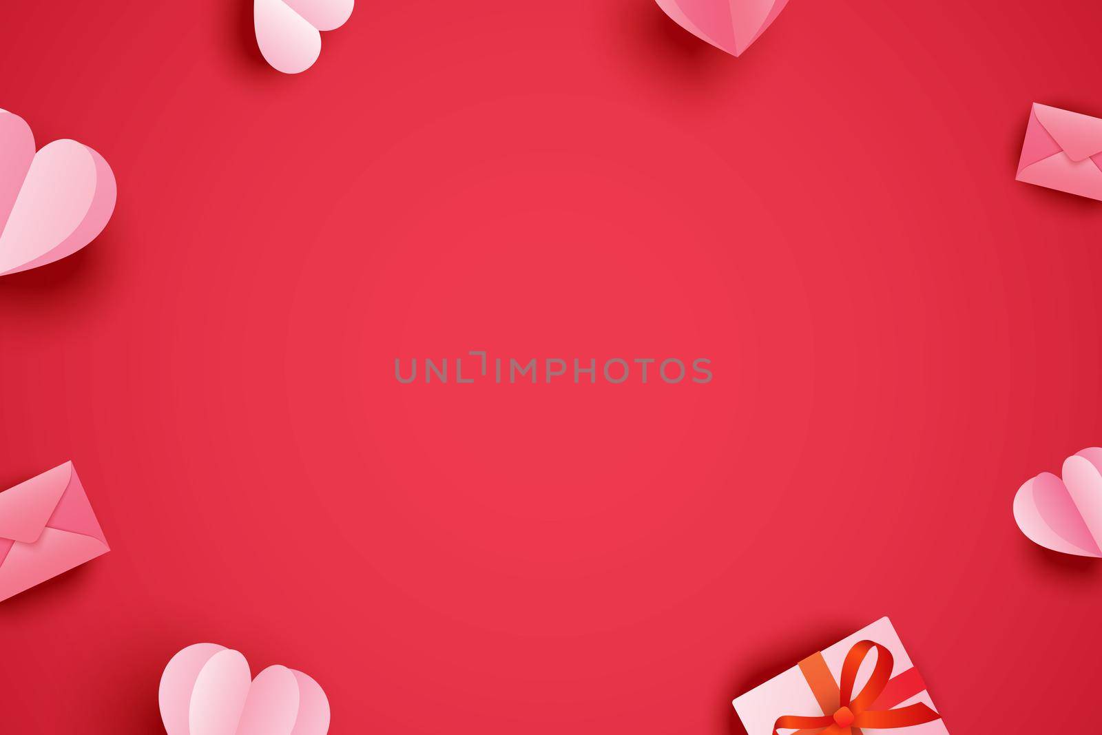 Valentines day background for greeting cards with paper hearts and object decor on red pastel.