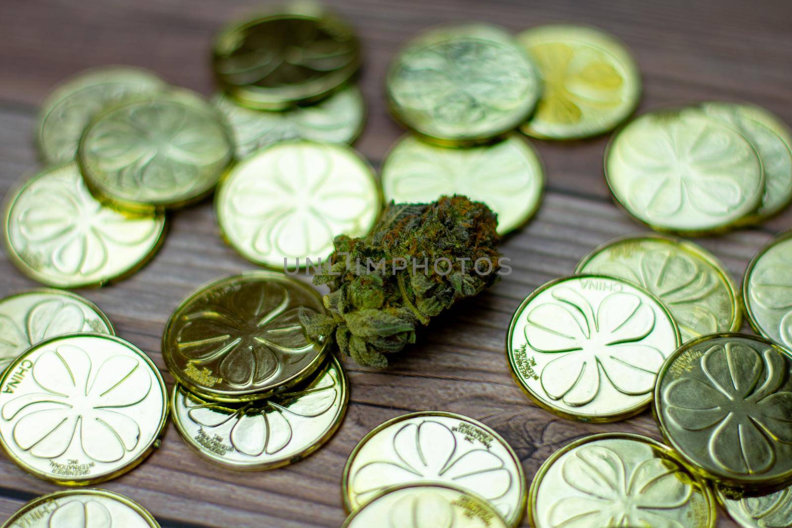 A Colorful Cannabis Nug Surrounded by a Pile of Gold Coins by bju12290