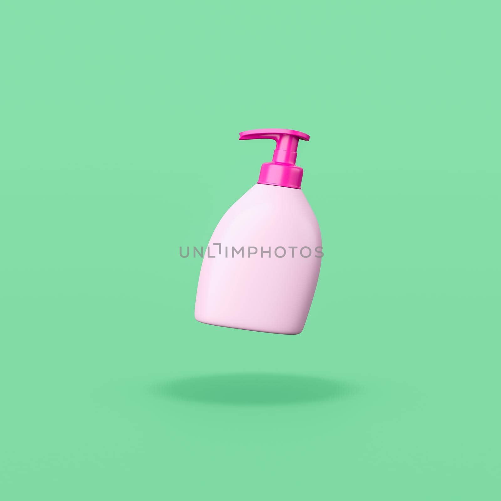Comic Pink Soap Dispenser on Flat Green Background with Shadow 3D Illustration
