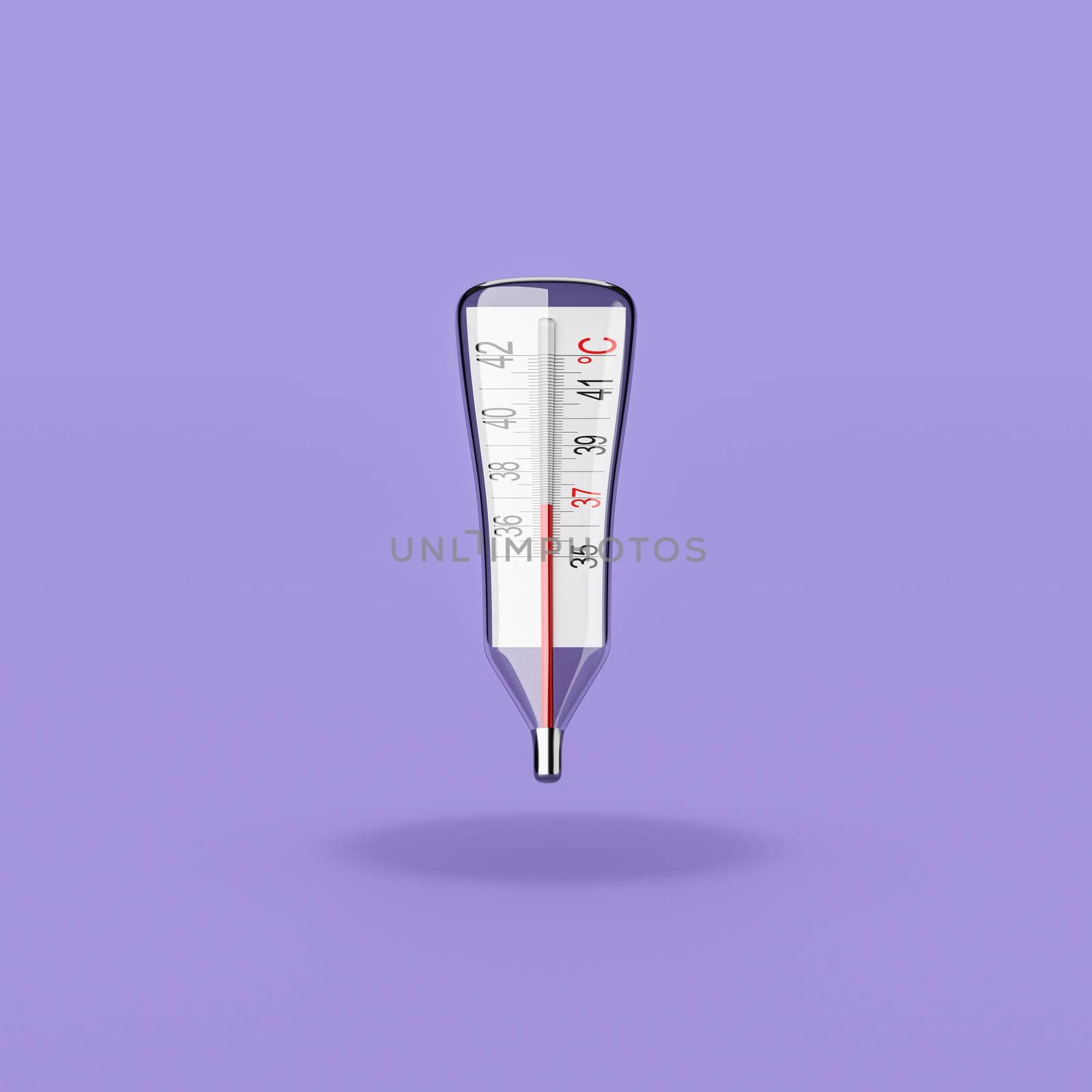 Funny Clinical Thermometer on Flat Purple Background with Shadow 3D Illustration