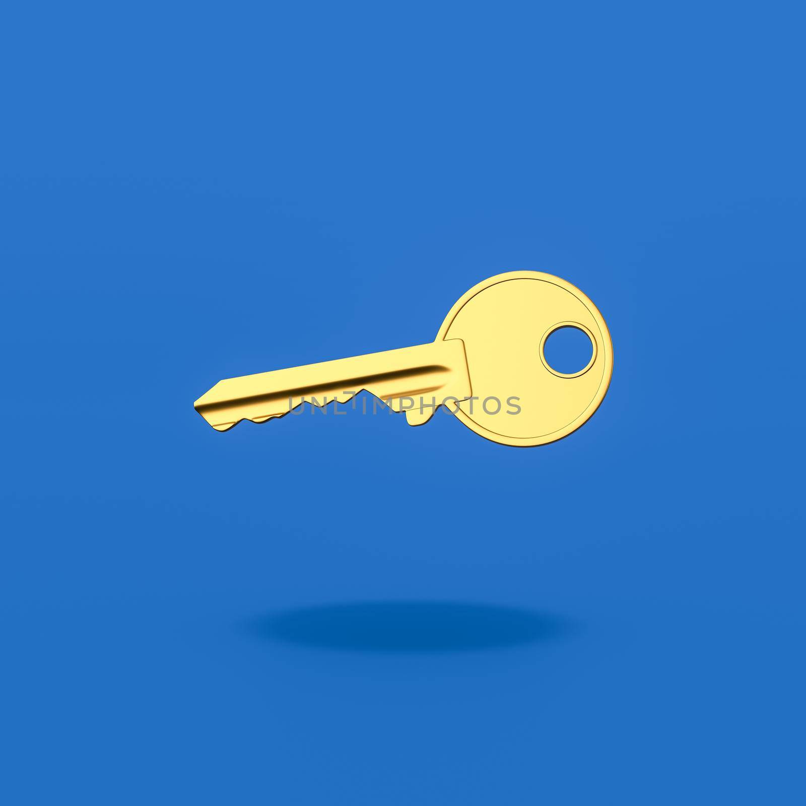 One Single Yellow Key on Flat Blue Background with Shadow 3D Illustration