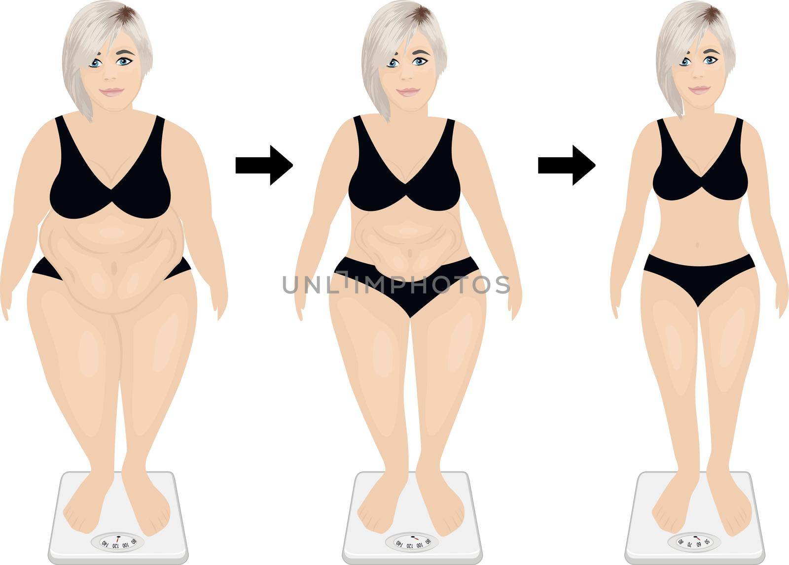 Fat and slim girl before and after dieting or weight loss exercising. good workout result in the concept vector illustration