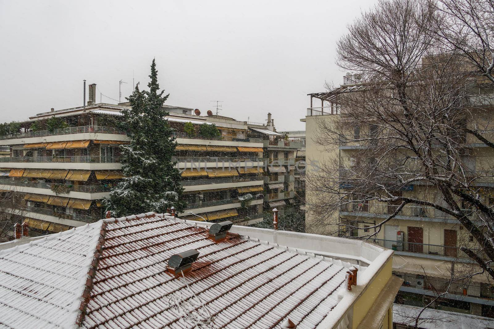 Thessaloniki, Greece heavy snowfall at the city center. Snow falling on residential area with blocks of flats surrounded be trees.