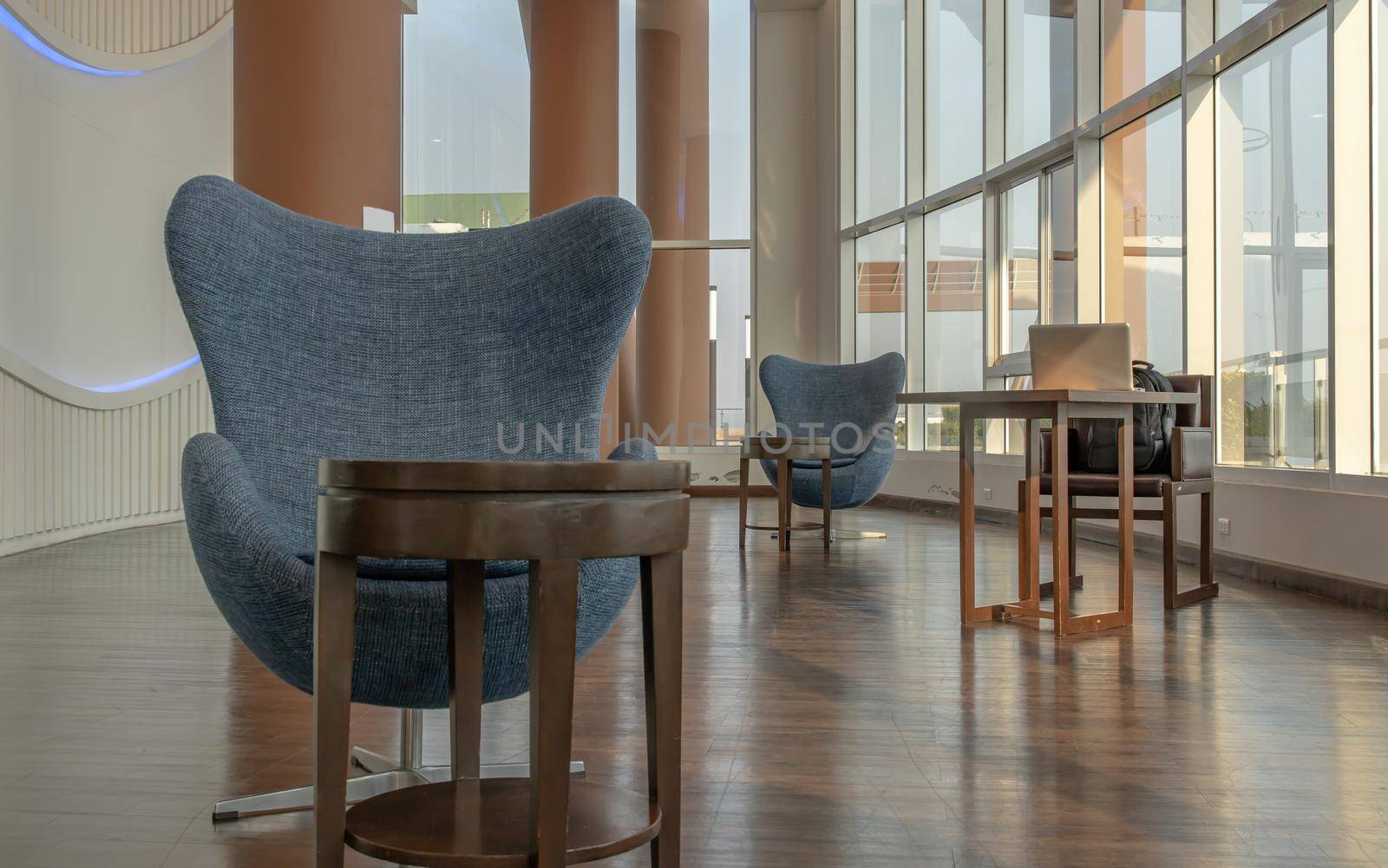 Bangkok, Thailand - Jan 14, 2021 : The new normal for common area in condominium. The seats were set separately according to social distancing policy for the spread of covid-19 prevention. No focus, specifically.