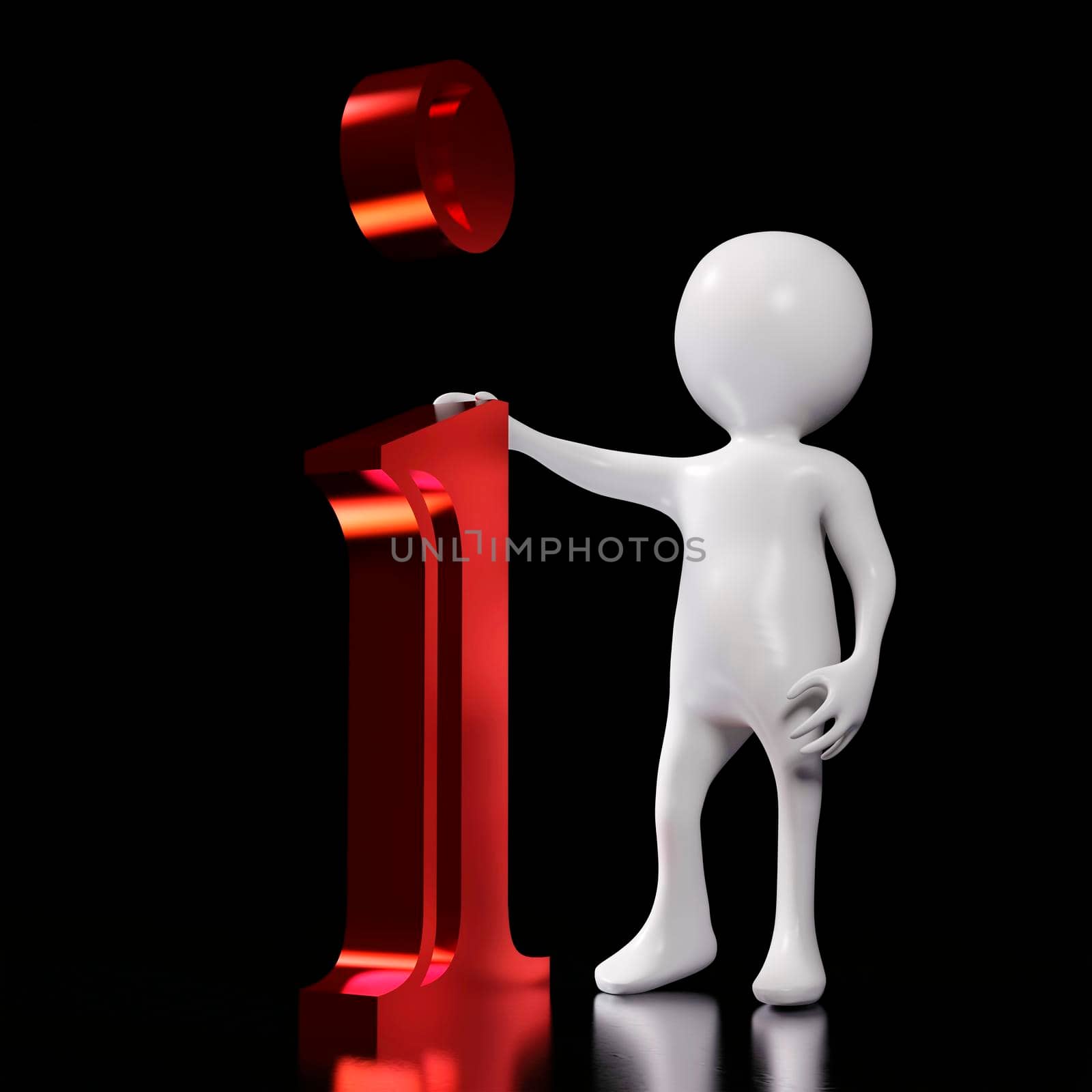 White 3d man standing next to red-letter i at dark background. Illustration of information concept. by ankarb