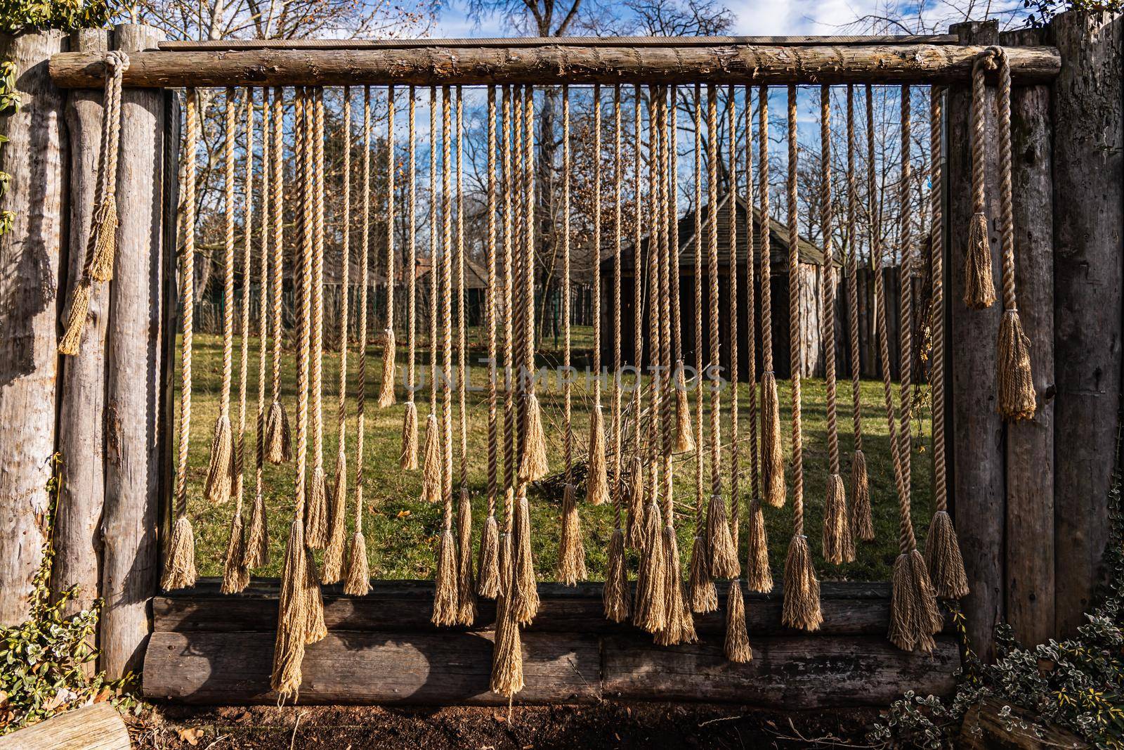 Few parts of rope hanging on wooden beam by Wierzchu