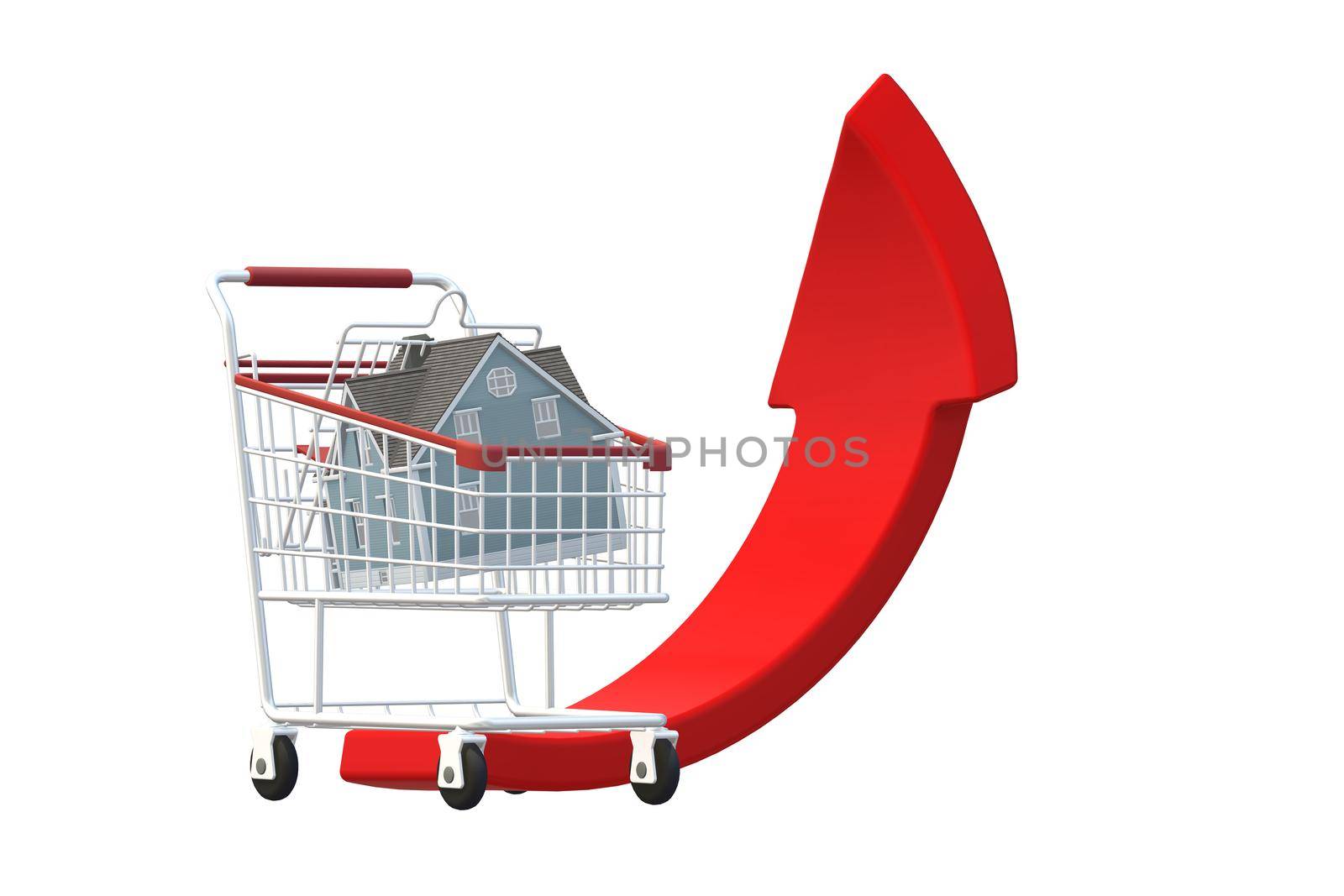 House price. Real estate growth chart. Shipping trolley, house, red rising arrow isolated on white. 3D illustration