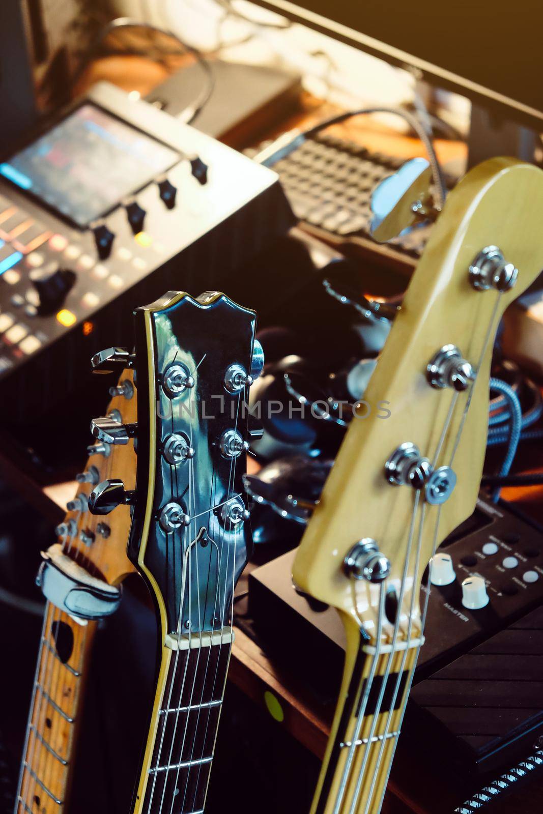 Close up instruments music background concept,Guitar and studio equipment