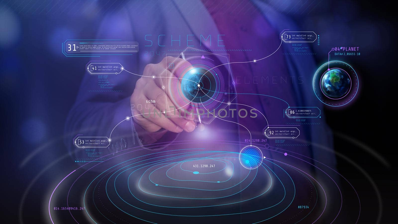 Virtual infographic with planets holograms for background on the Future of Business.