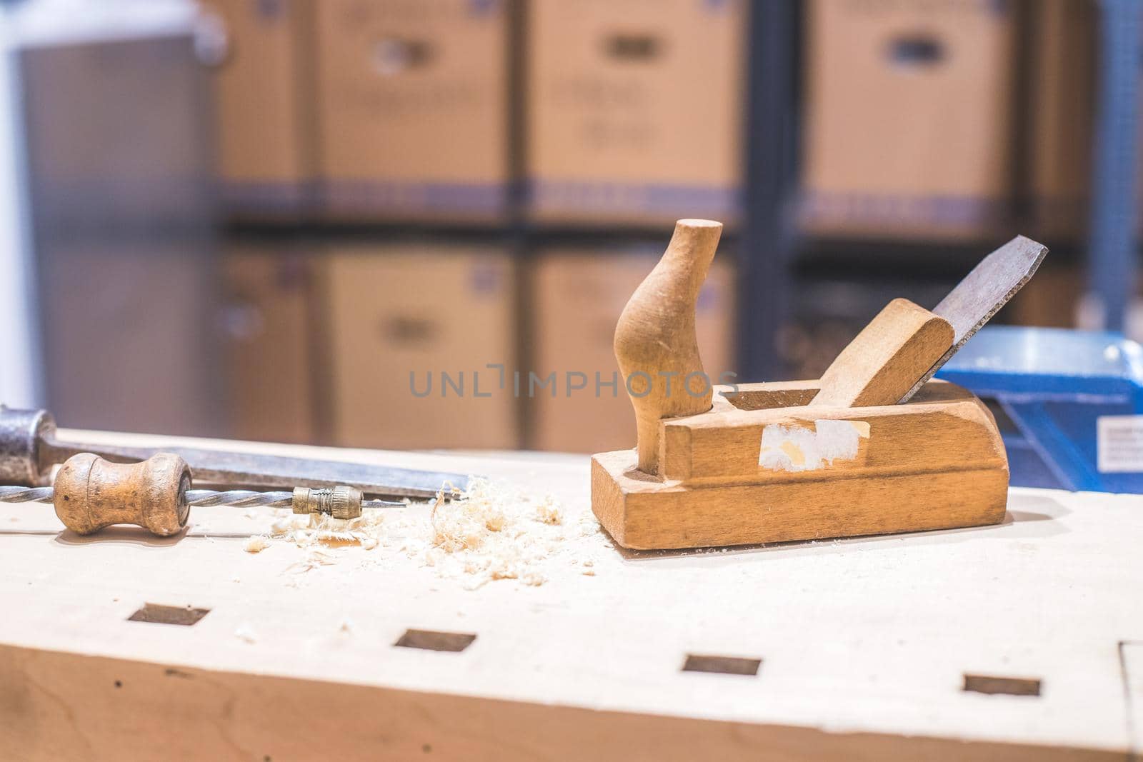 Close up of plane for smoothing timber, workshop