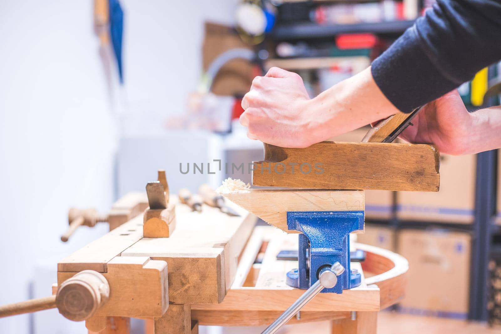 Close up of plane for smoothing timber, workshop