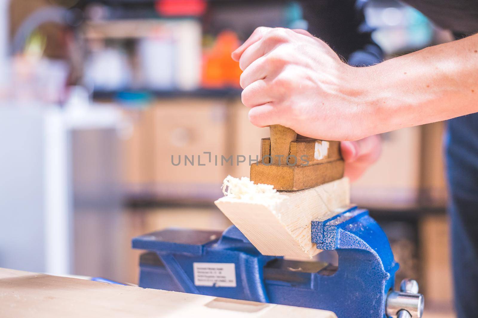 Close up of plane for smoothing timber, workshop