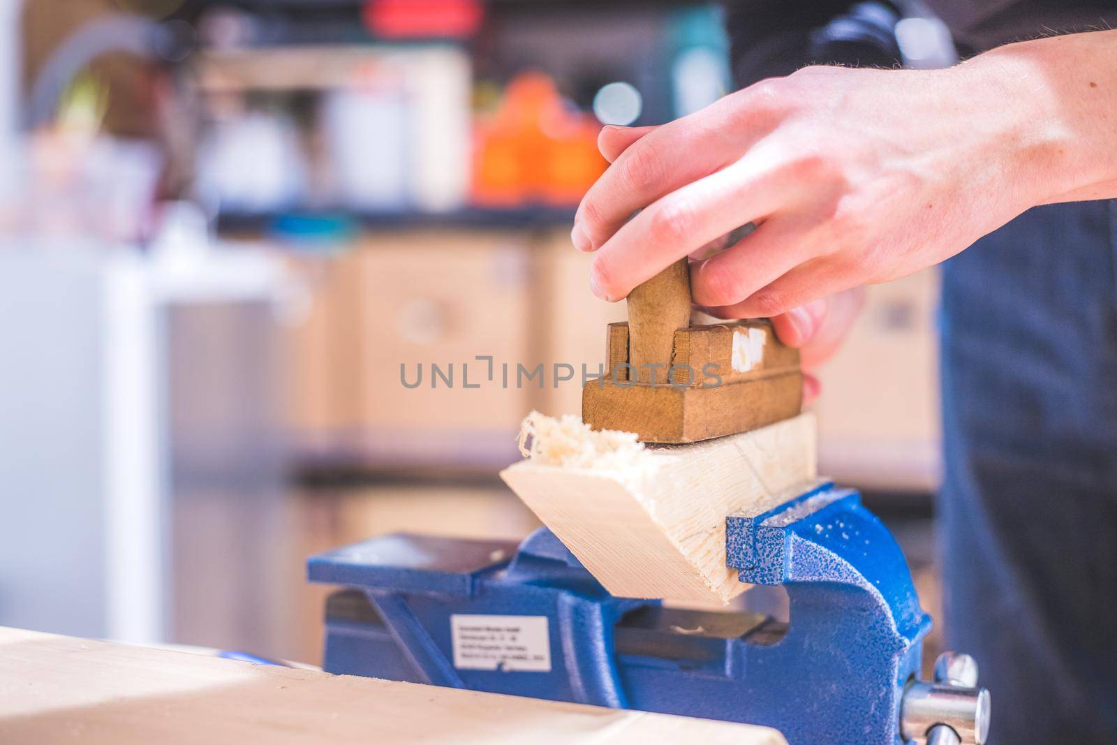 Close up of plane for smoothing timber, workshop