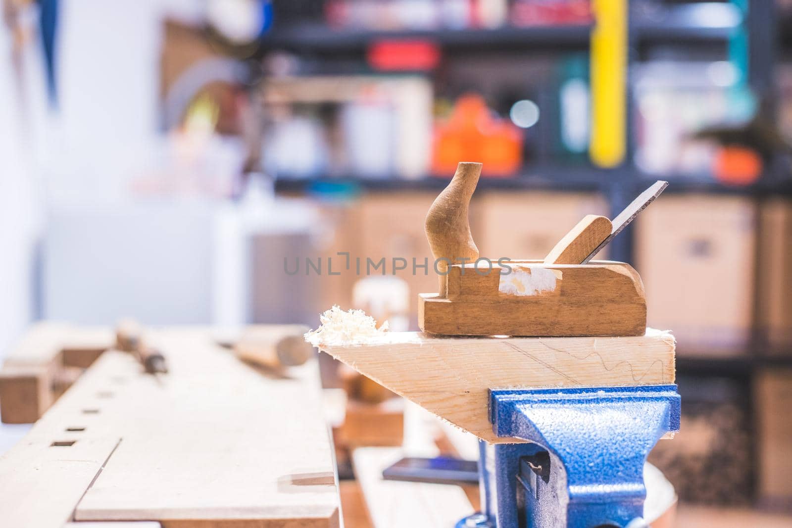 Close up of plane for smoothing timber, workshop