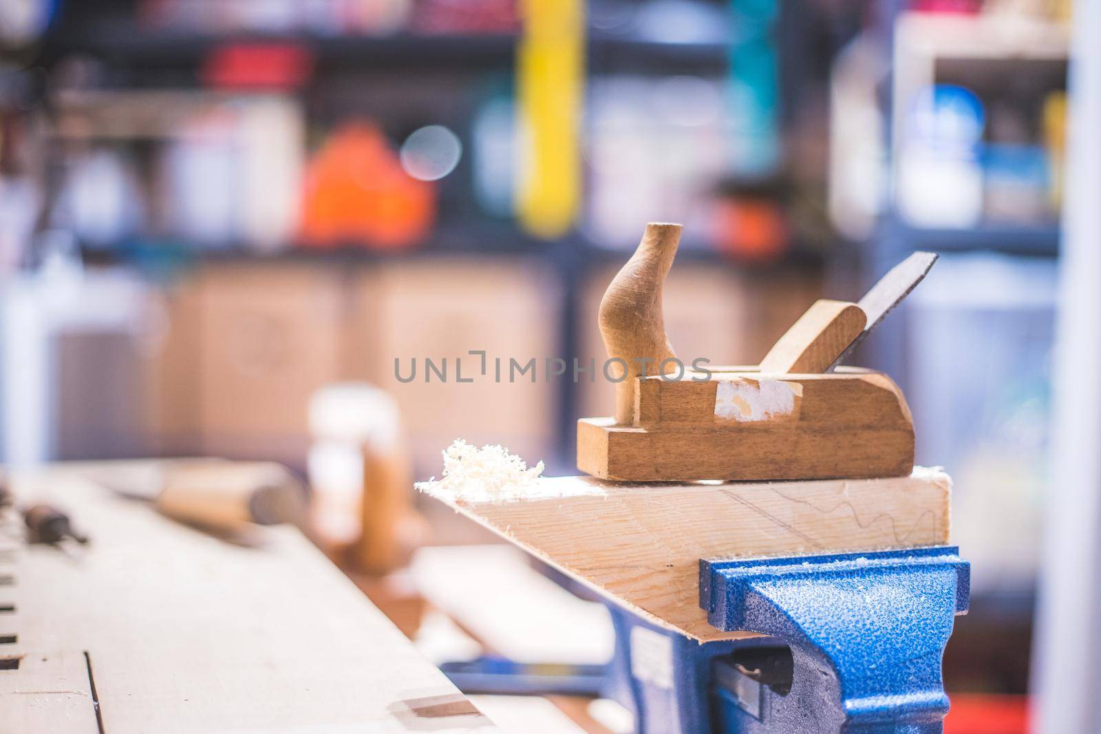Close up of plane for smoothing timber, workshop