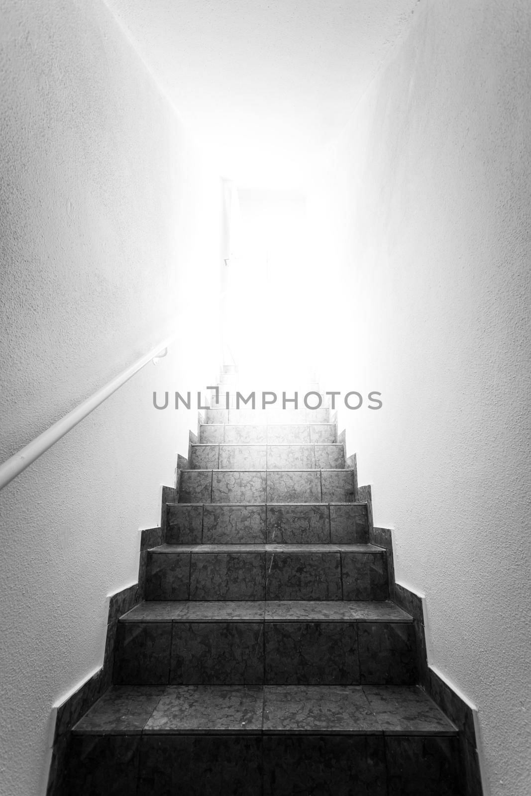 Basement stairs with balustrade. Natural bright sunlight.