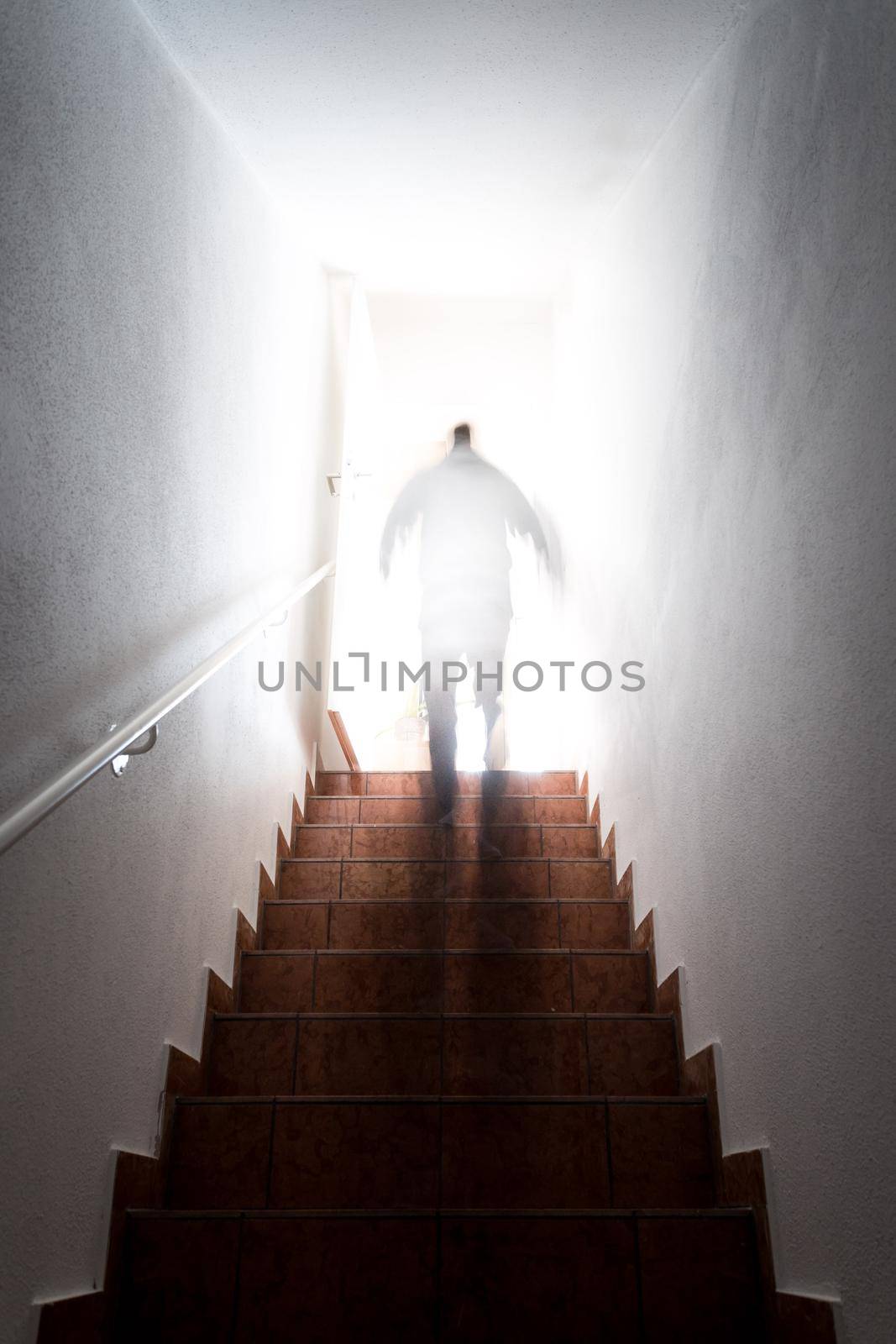 Man on basement stairway with railing, bright natural sunlight by Daxenbichler