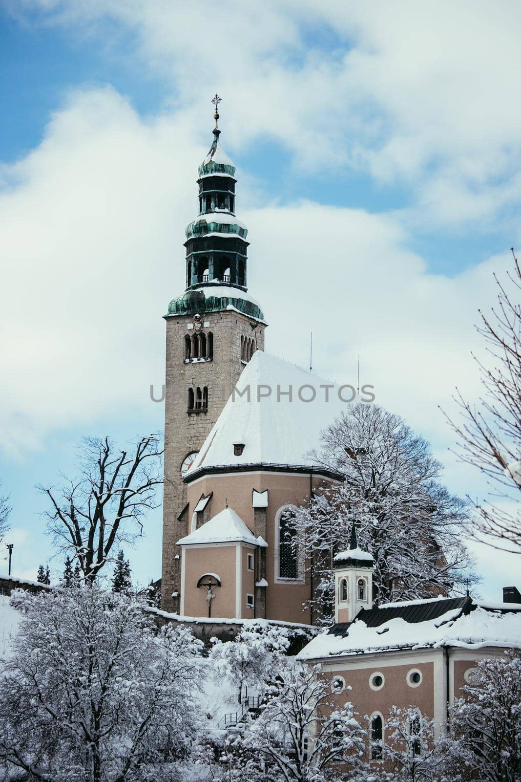 Snowy church in Salzburg, Müllnerkirche by Daxenbichler