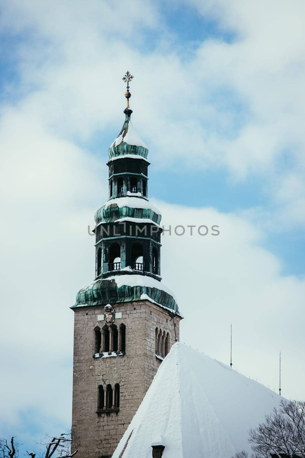 Snowy church in Salzburg, Müllnerkirche