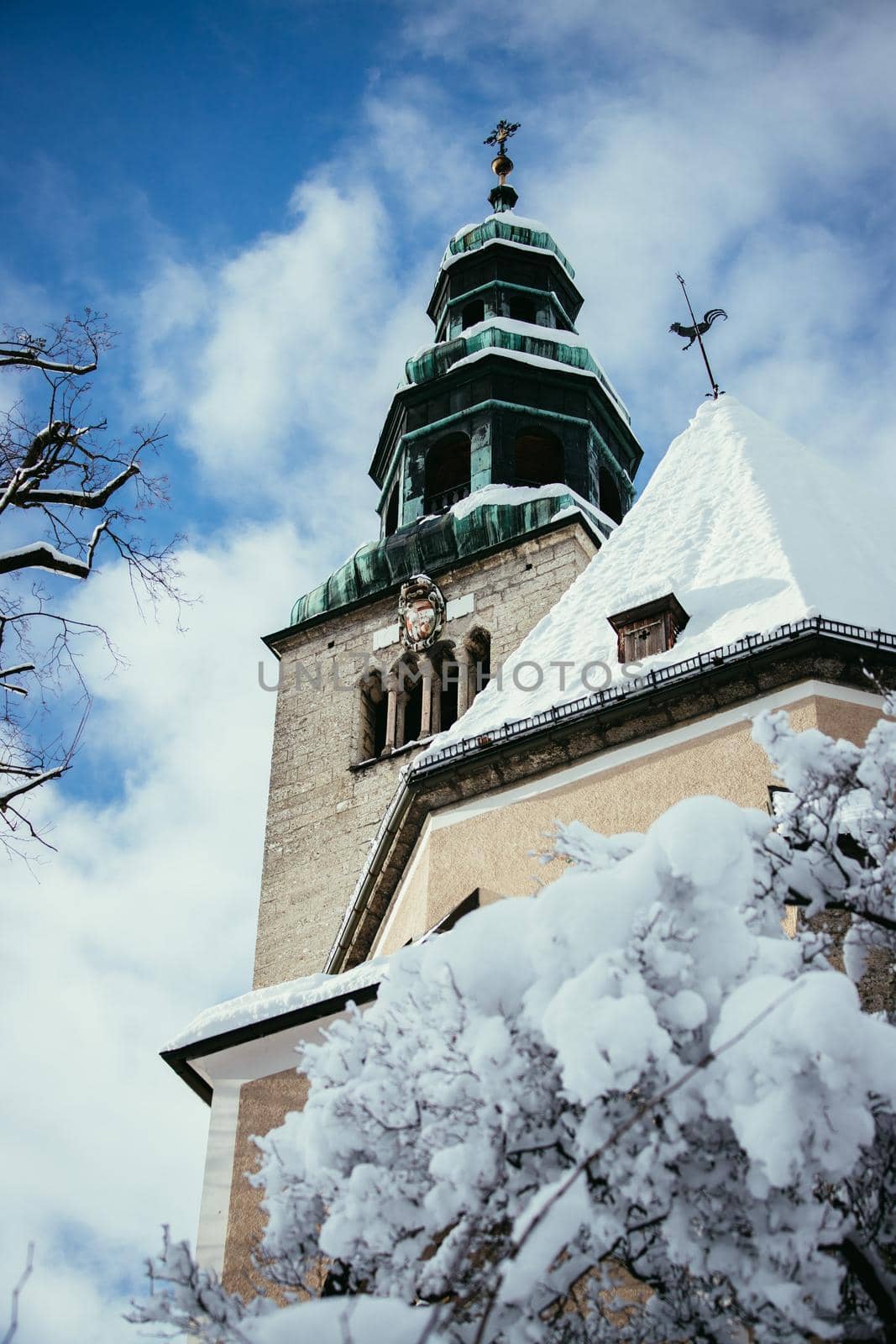 Snowy church in Salzburg, Müllnerkirche